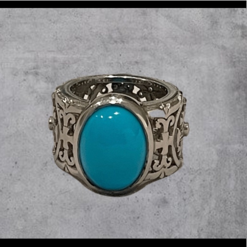 Stunning Vintage Loree Rodkin Turquoise, Platinum & Diamond Cigar Band Ring